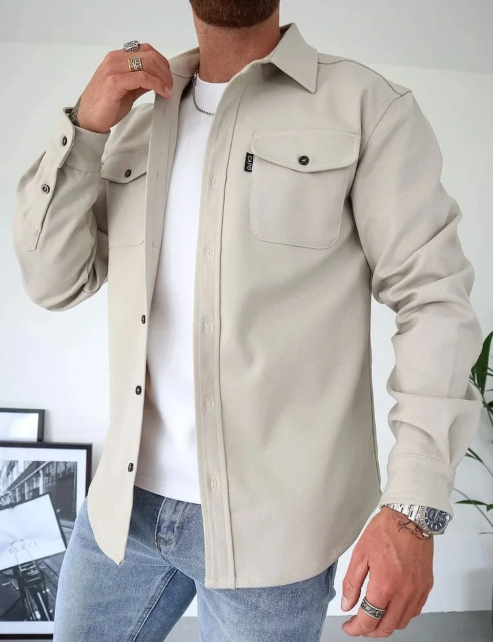 Casual Heren Overhemdjas Met Knoopsluiting En Borstzakken